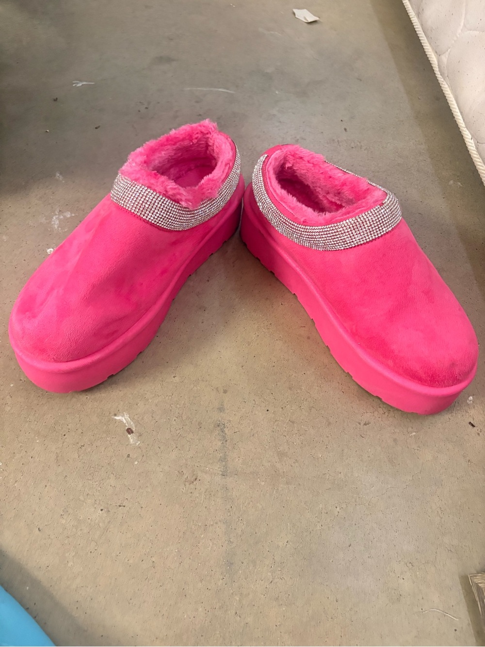 Hot Pink Faux Fur Slip-On Clogs with Rhinestone Trim
